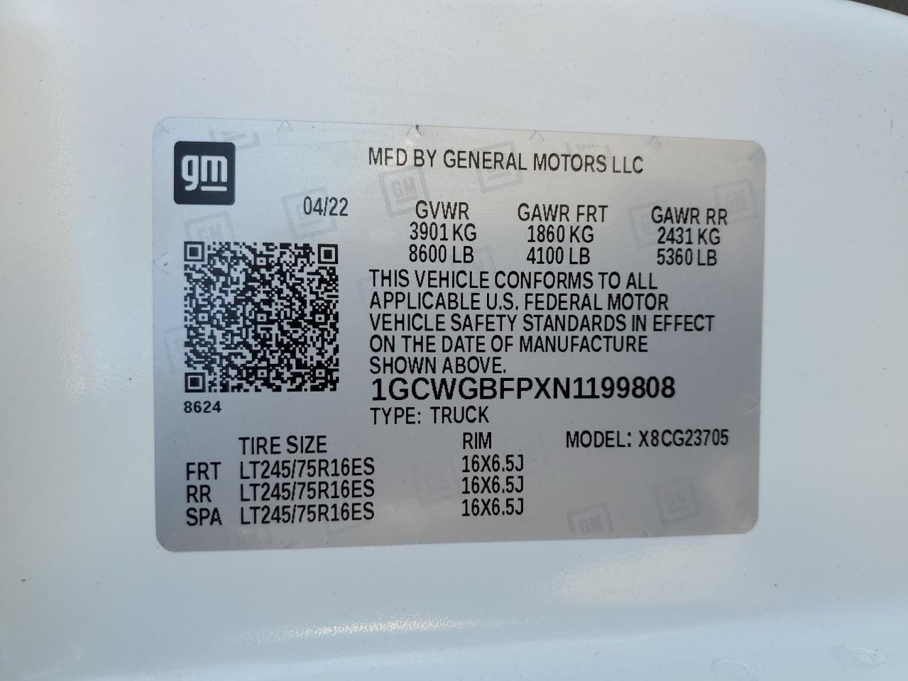 2022 CHEVROLET EXPRESS G2500 VIN:1GCWGBFPXN1199808