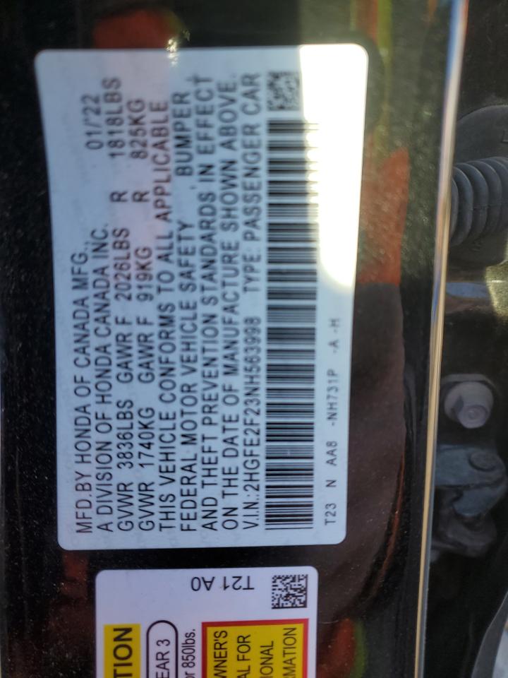 2022 HONDA CIVIC LX VIN:2HGFE2F23NH563998