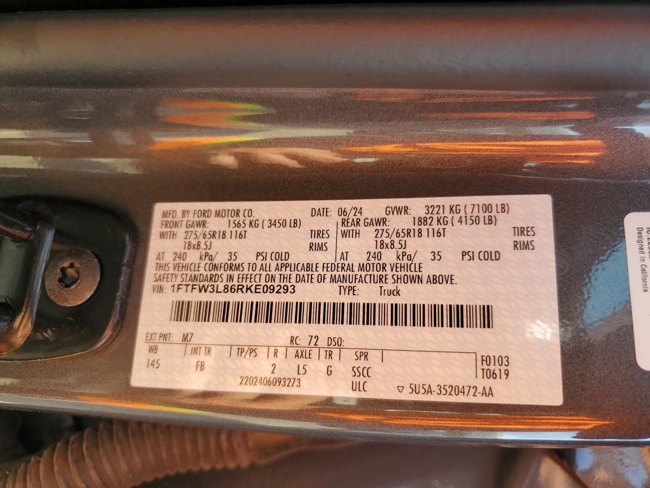 2024 FORD F150 XLT VIN:1FTFW3L86RKE09293