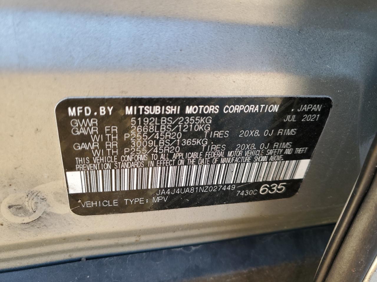 2022 MITSUBISHI OUTLANDER SE VIN:JA4J4UA81NZ027449