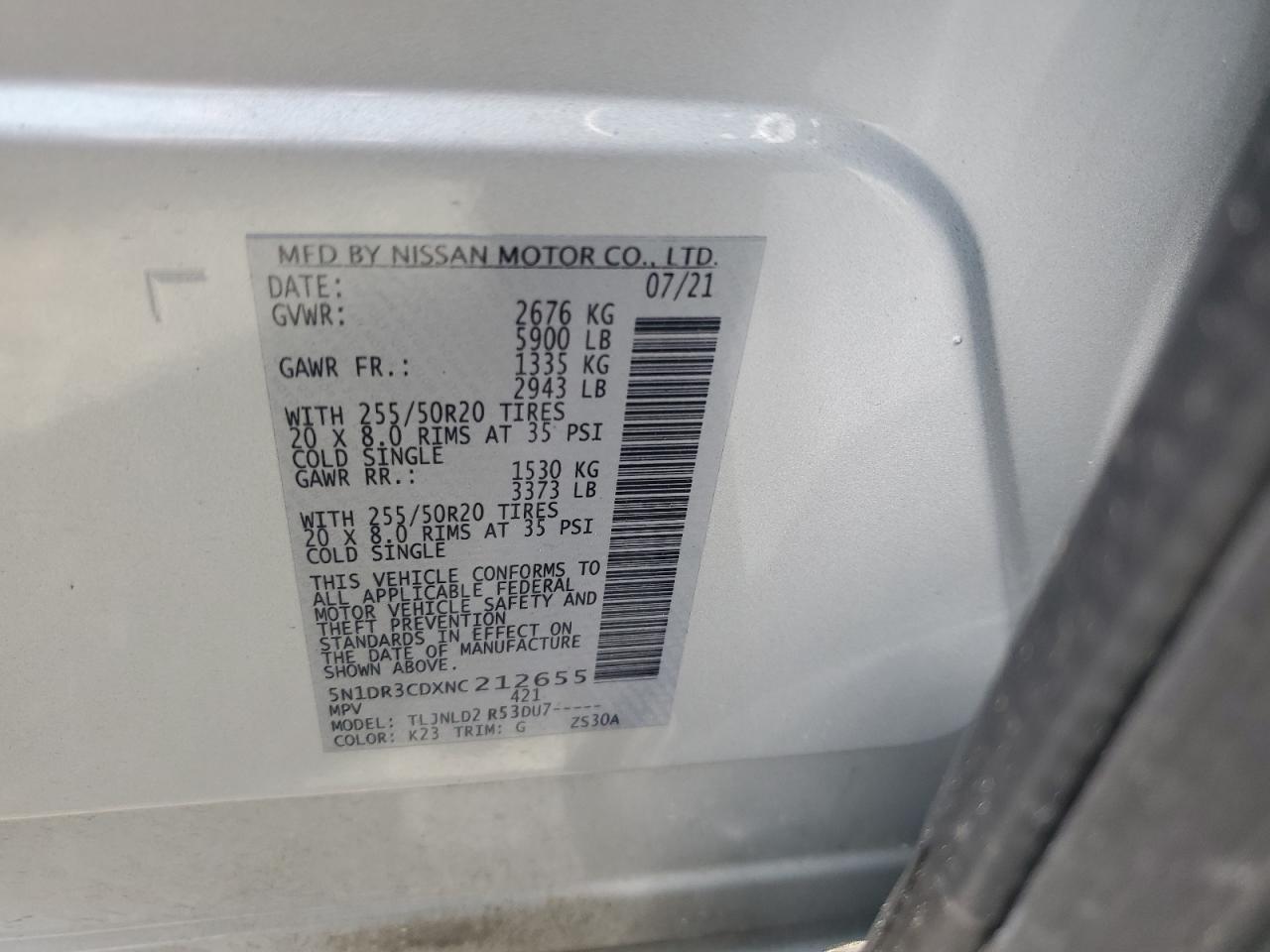 2022 NISSAN PATHFINDER SL VIN:5N1DR3CDXNC212655