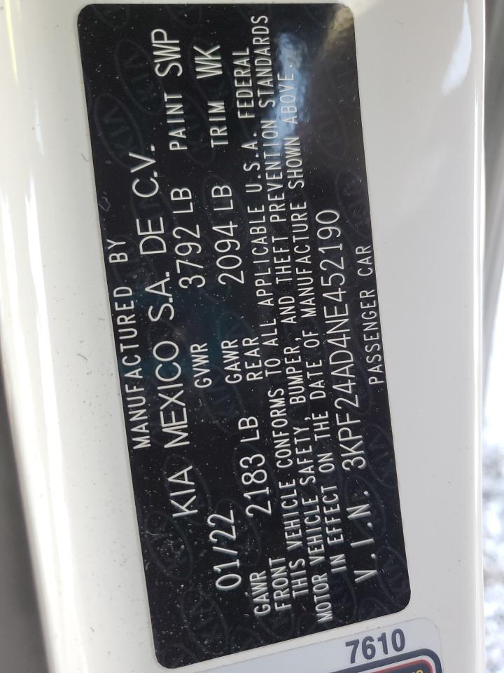 2022 KIA FORTE FE VIN:3KPF24AD4NE452190