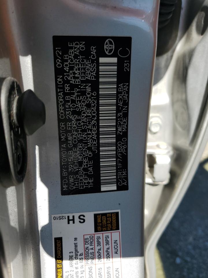 2022 TOYOTA COROLLA LE VIN:JTDEAMDE3NJ043216