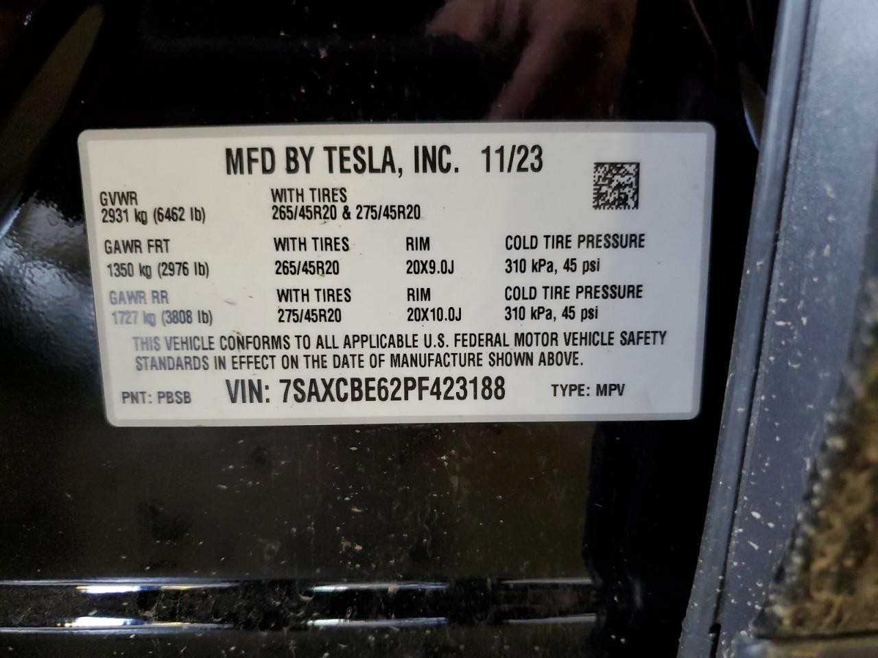 2023 TESLA MODEL X VIN:7SAXCBE62PF423188