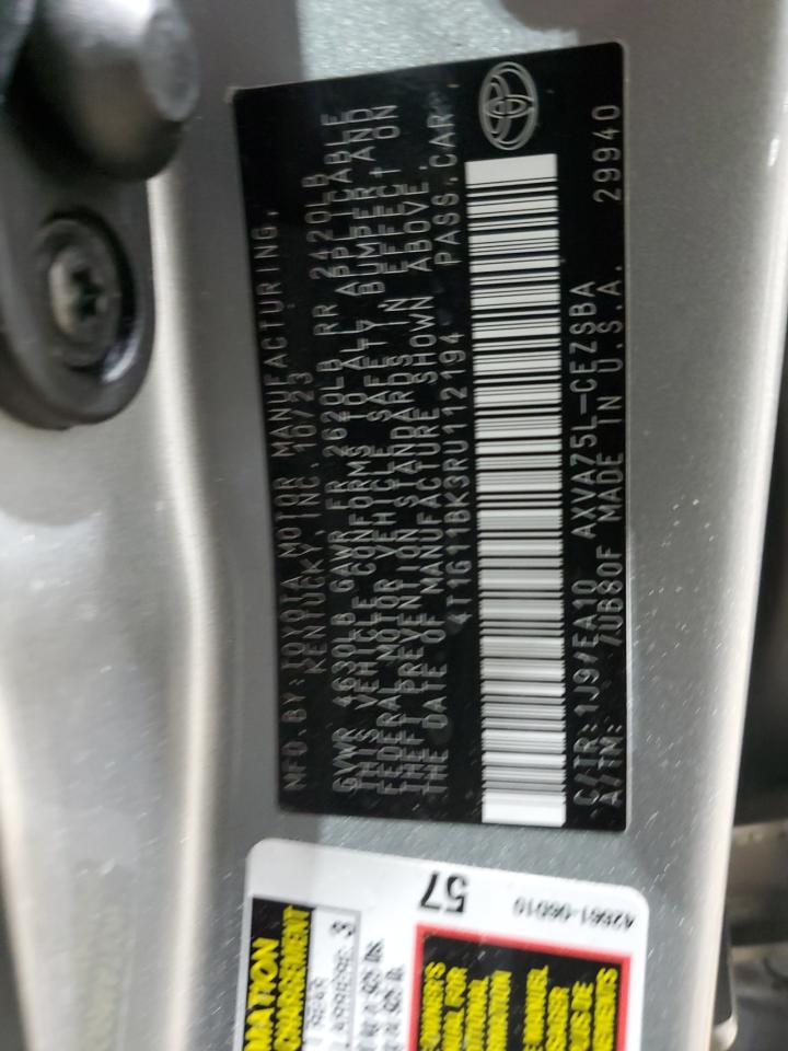 2024 TOYOTA CAMRY SE NIGHT SHADE VIN:4T1G11BK3RU112194