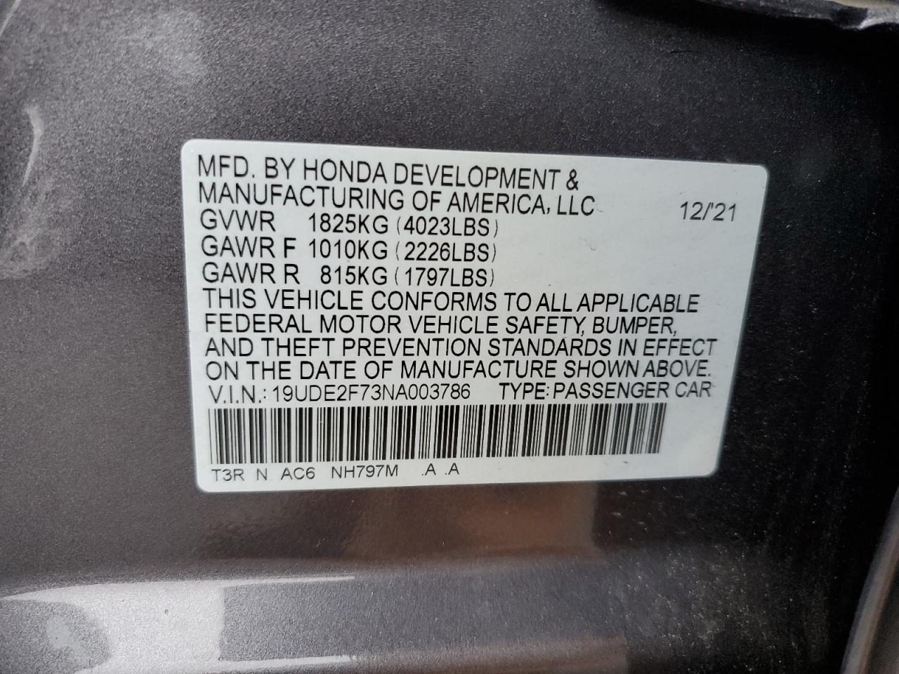 2022 ACURA ILX PREMIUM VIN:19UDE2F73NA003786