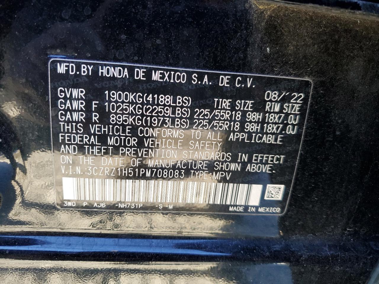 2023 HONDA HR-V SPORT VIN:3CZRZ1H51PM708083