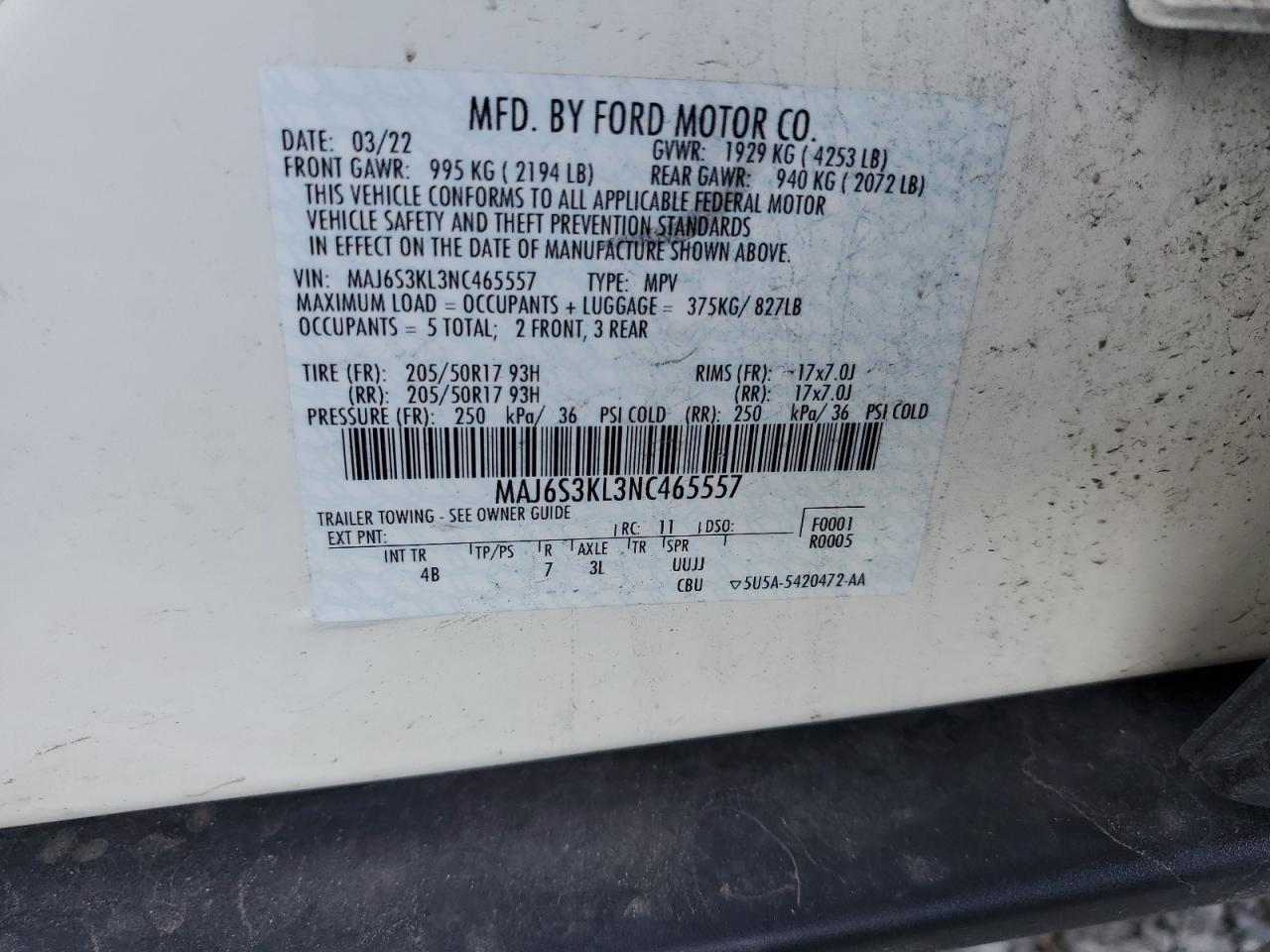 2022 FORD ECOSPORT TITANIUM VIN:MAJ6S3KL3NC465557