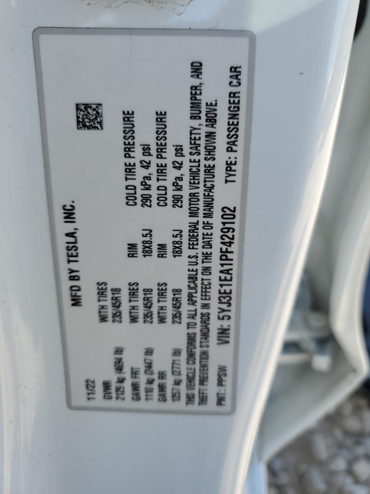 2023 TESLA MODEL 3 VIN:5YJ3E1EA1PF429102