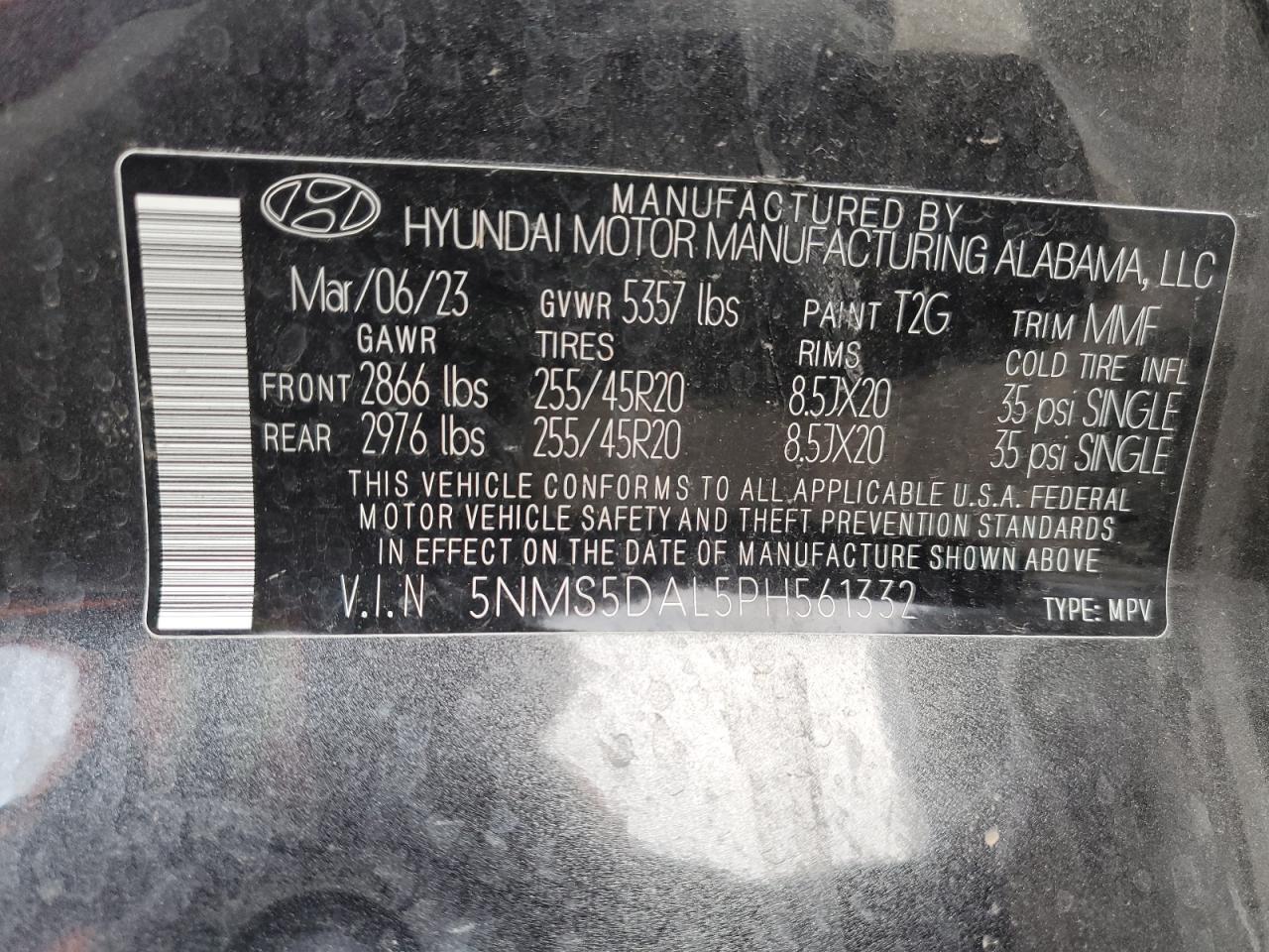 2023 HYUNDAI SANTA FE CALLIGRAPHY VIN:5NMS5DAL5PH561332