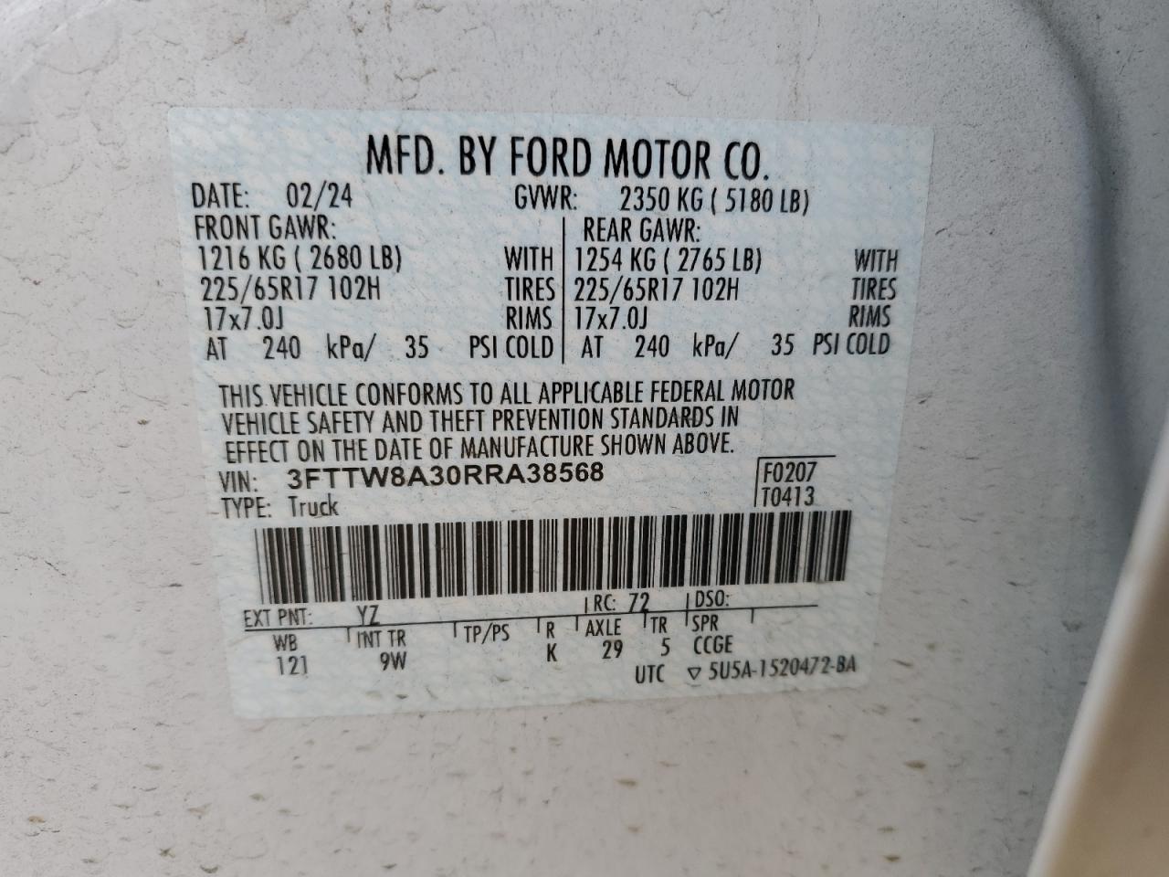 2024 FORD MAVERICK XL VIN:3FTTW8A30RRA38568