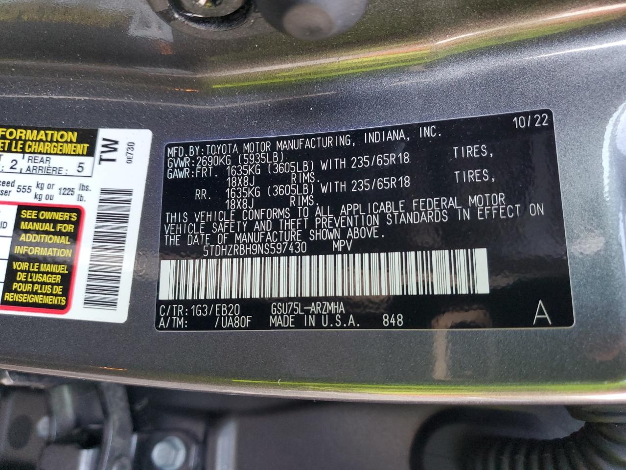 2022 TOYOTA HIGHLANDER XLE VIN:5TDHZRBH9NS597430