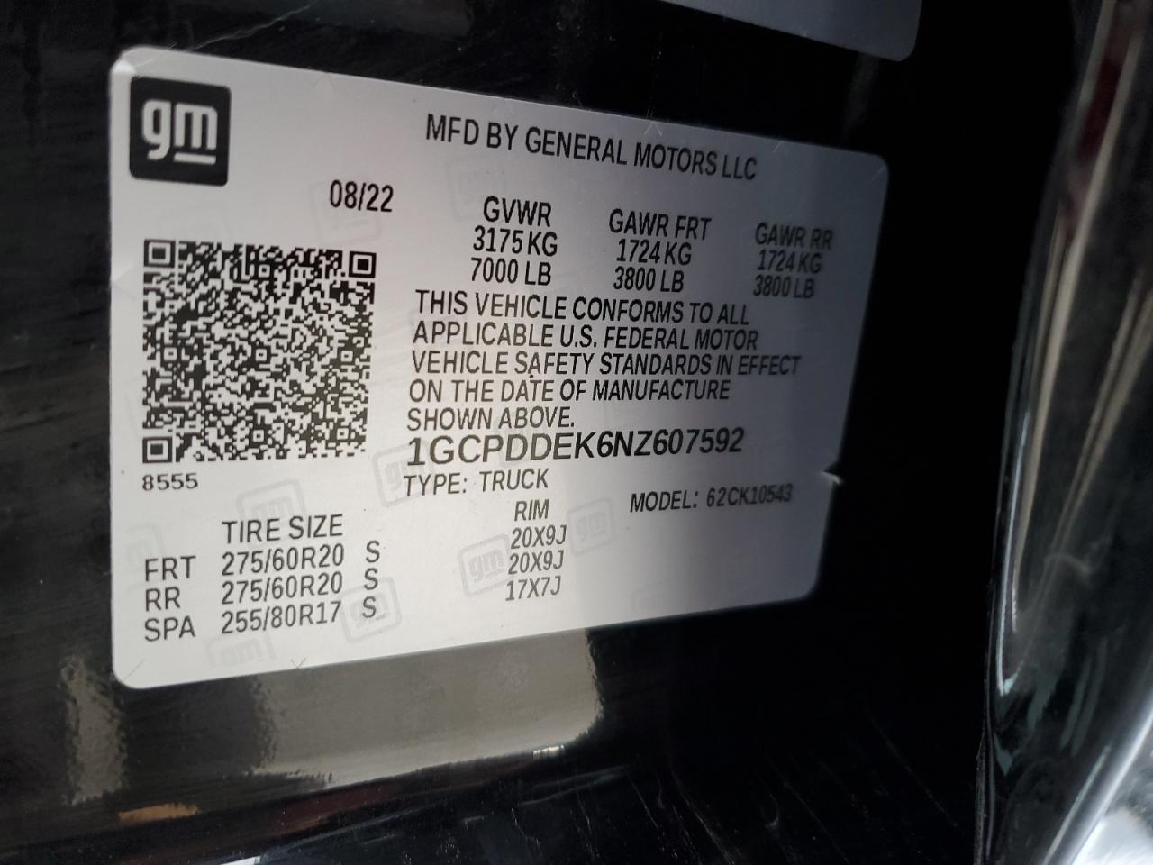 2022 CHEVROLET SILVERADO K1500 LT VIN:1GCPDDEK6NZ607592