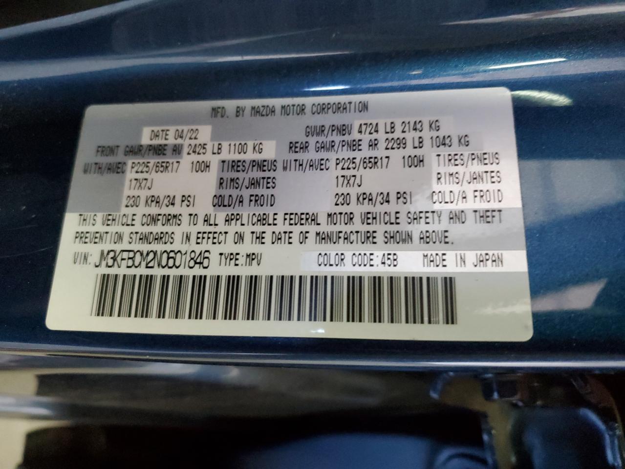 2022 MAZDA CX-5 PREFERRED VIN:JM3KFBCM2N0601846