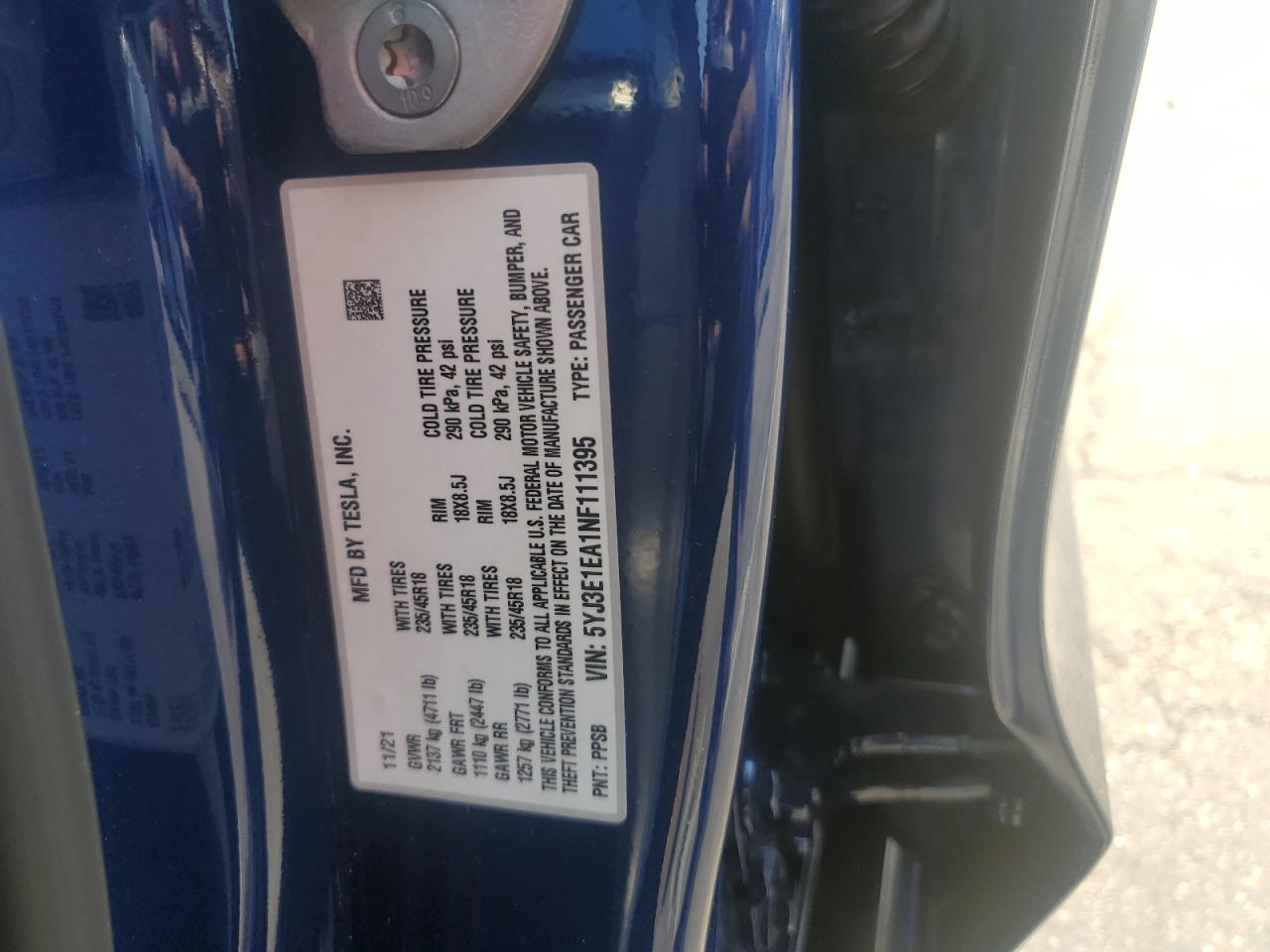 2022 TESLA MODEL 3 VIN:5YJ3E1EA1NF111395