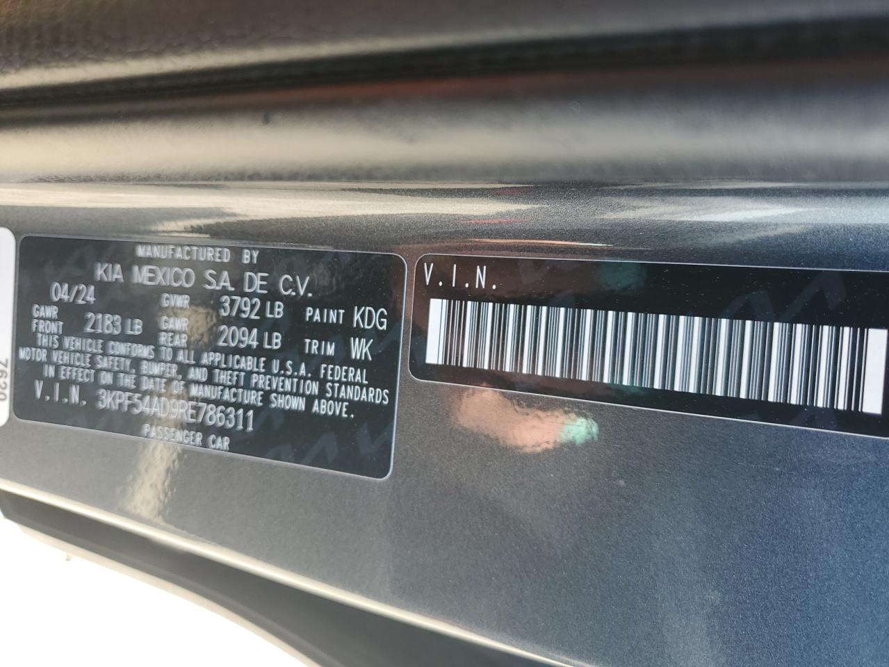 2024 KIA FORTE GT LINE VIN:3KPF54AD9RE786311