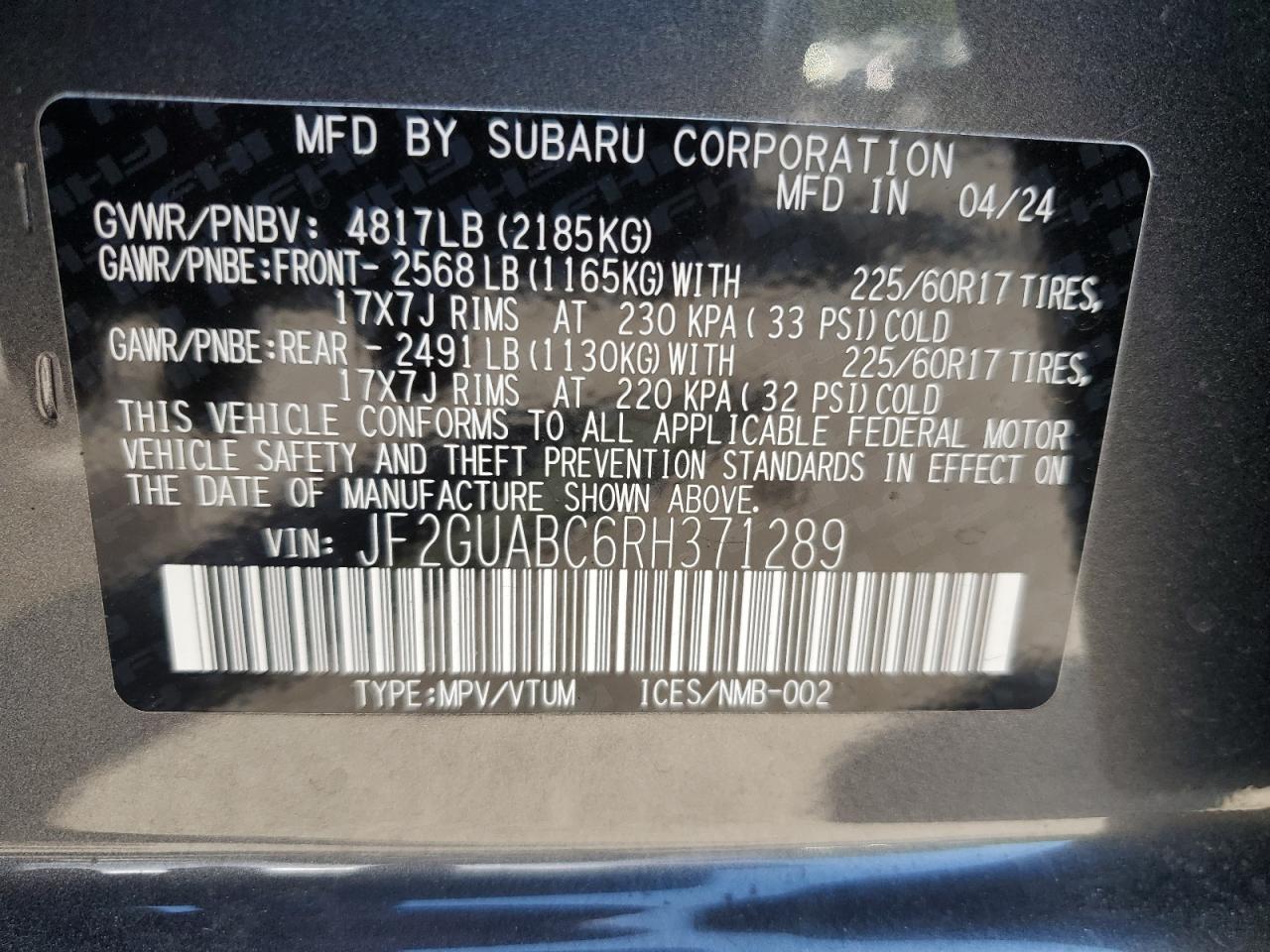 2024 SUBARU CROSSTREK VIN:JF2GUABC6RH371289