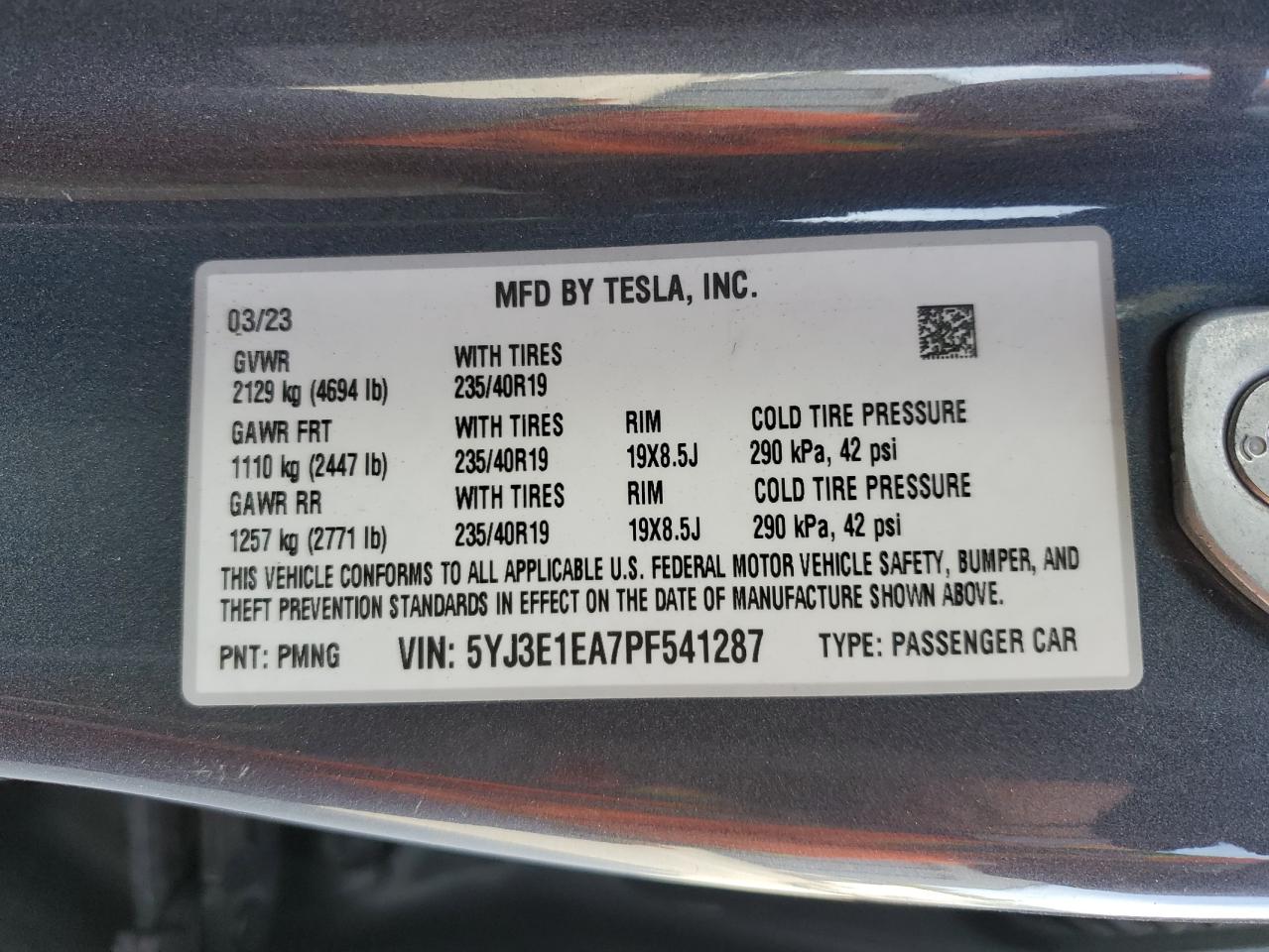 2023 TESLA MODEL 3 VIN:5YJ3E1EA7PF541287