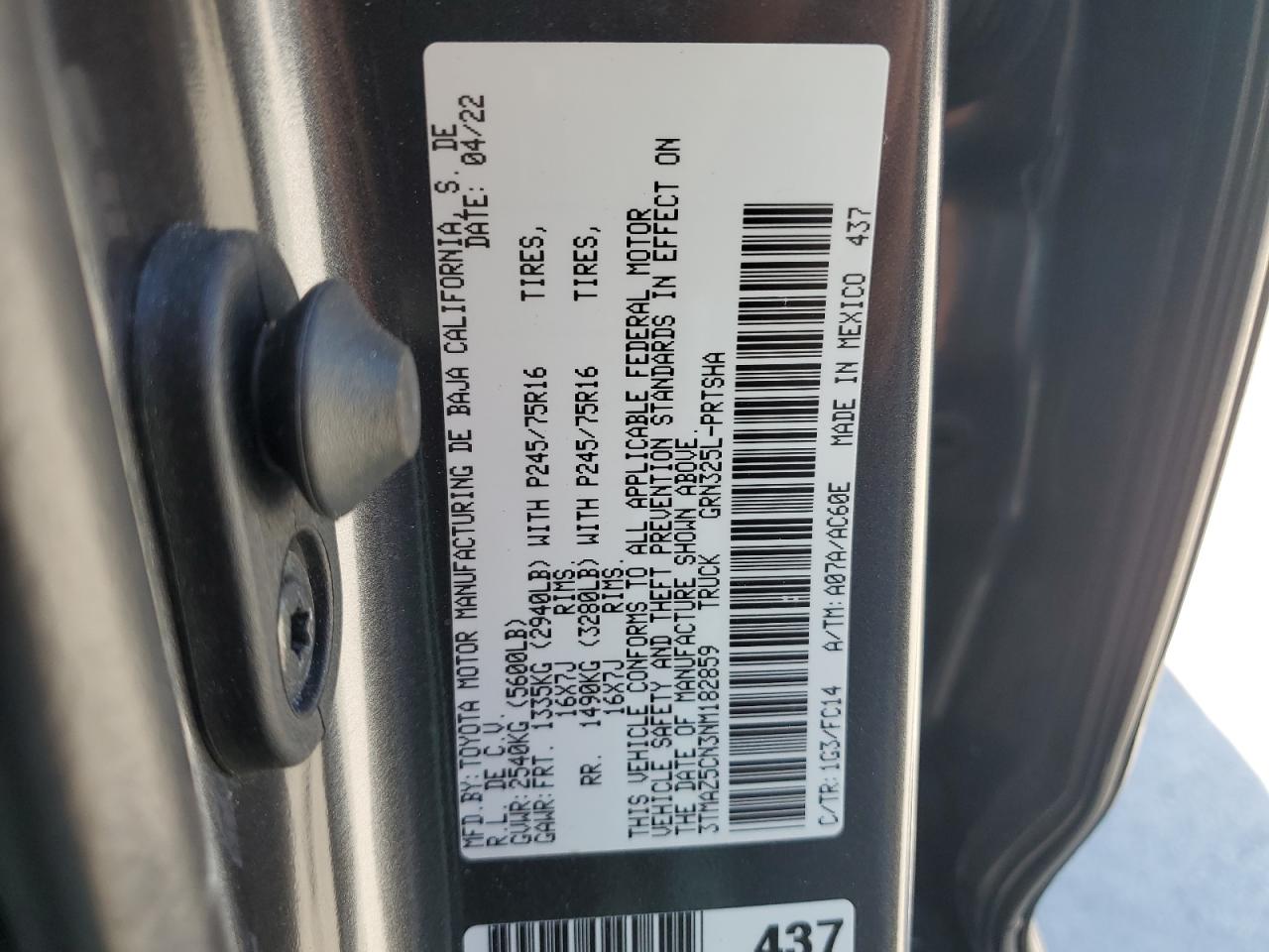 2022 TOYOTA TACOMA DOUBLE CAB VIN:3TMAZ5CN3NM182859