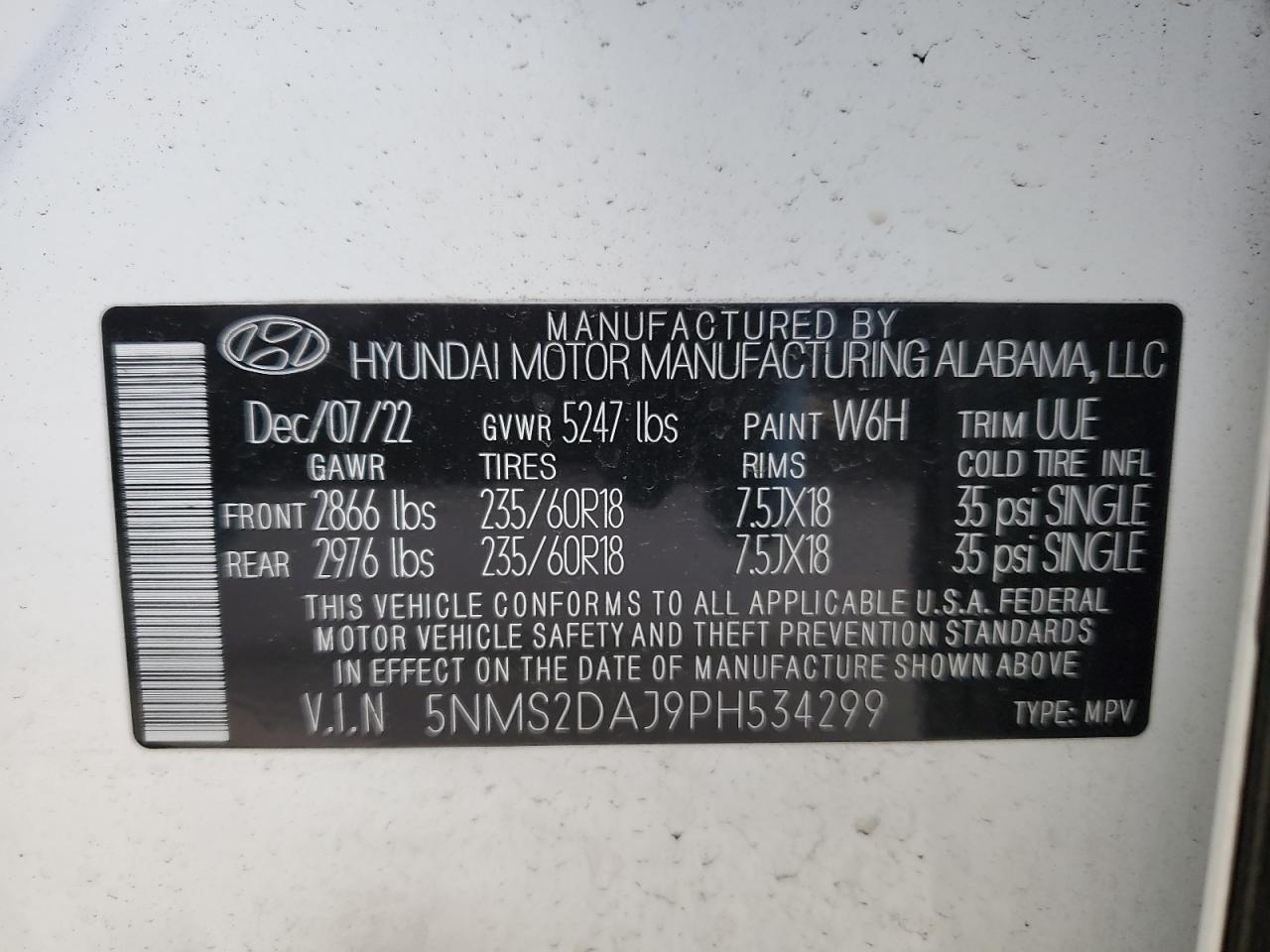 2023 HYUNDAI SANTA FE SEL VIN:5NMS2DAJ9PH534299