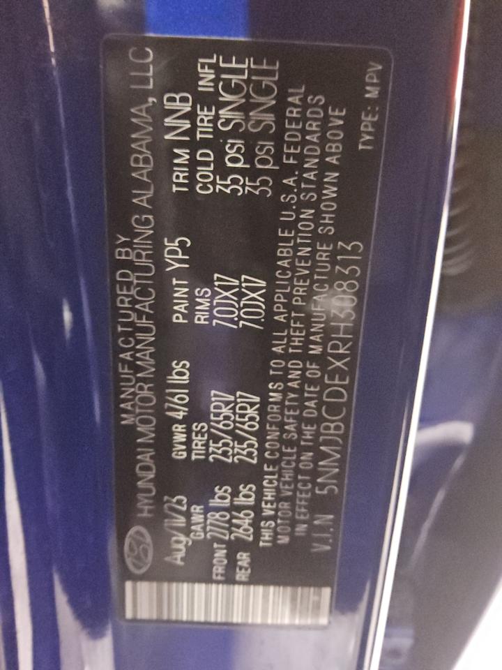 2024 HYUNDAI TUCSON SEL VIN:5NMJBCDEXRH308313