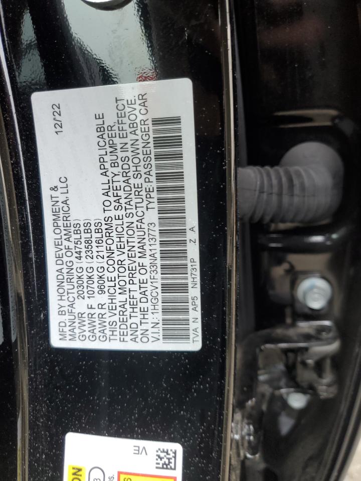 2022 HONDA ACCORD SPORT VIN:1HGCV1F33NA113773
