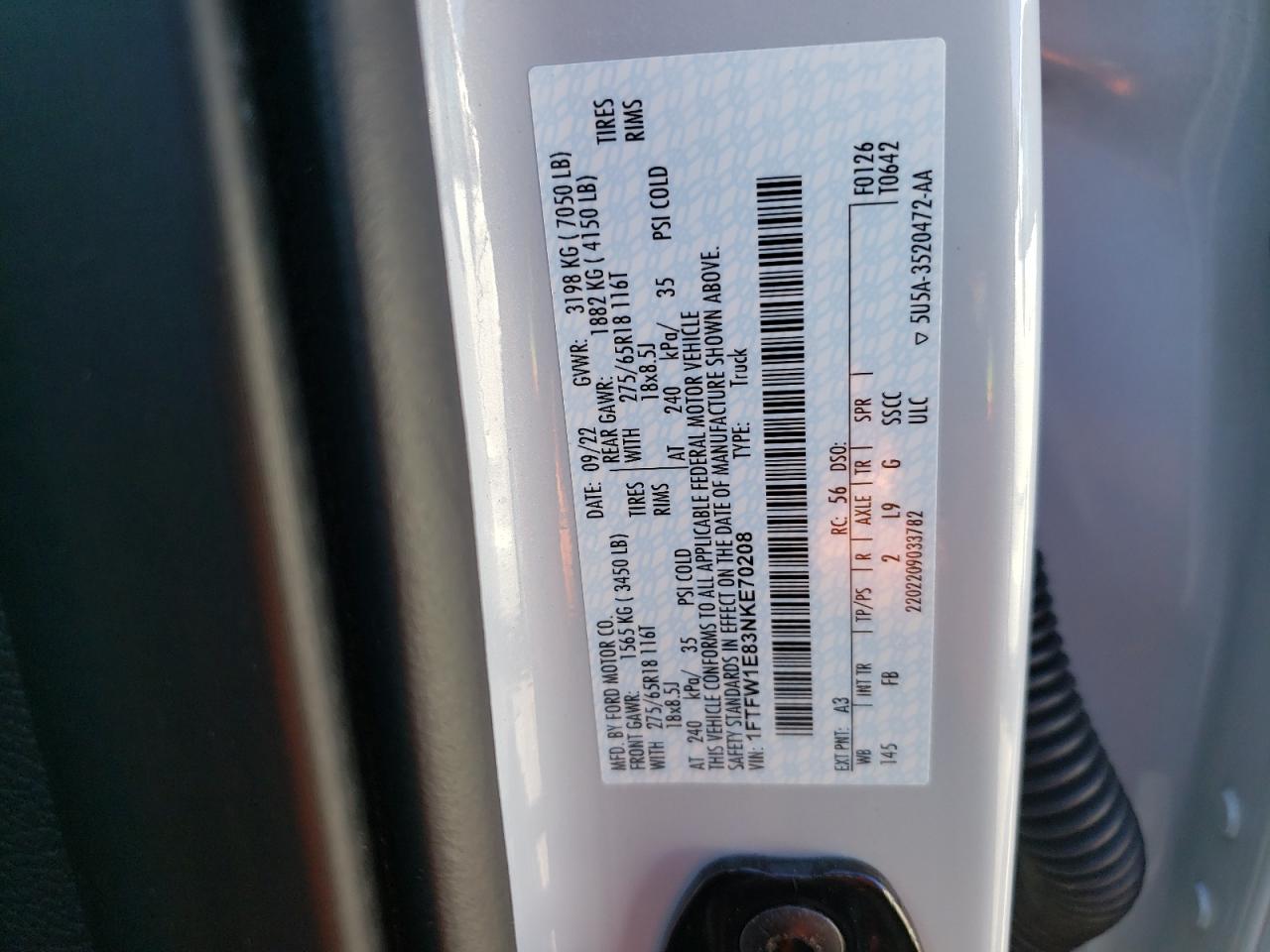 2022 FORD F150 SUPERCREW VIN:1FTFW1E83NKE70208