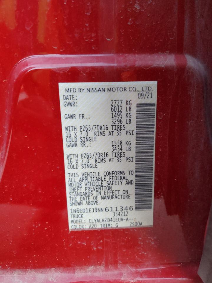 2022 NISSAN FRONTIER S VIN:1N6ED1EJ9NN611346