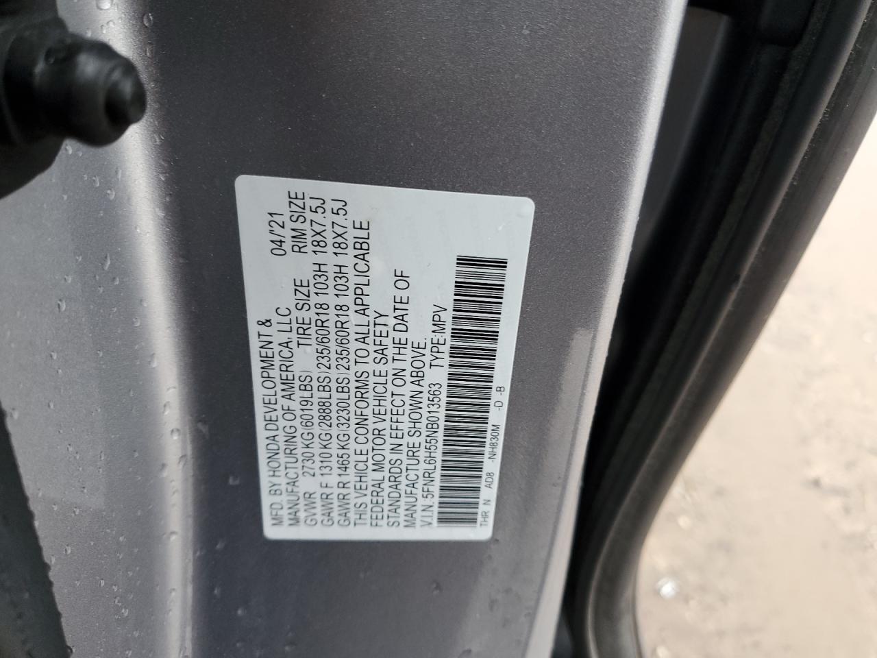 2022 HONDA ODYSSEY EX VIN:5FNRL6H55NB013563