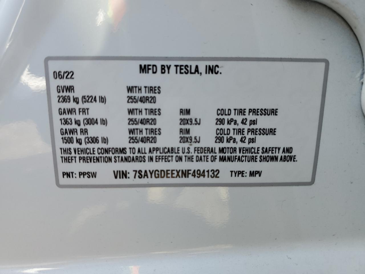 2022 TESLA MODEL Y VIN:7SAYGDEEXNF494132