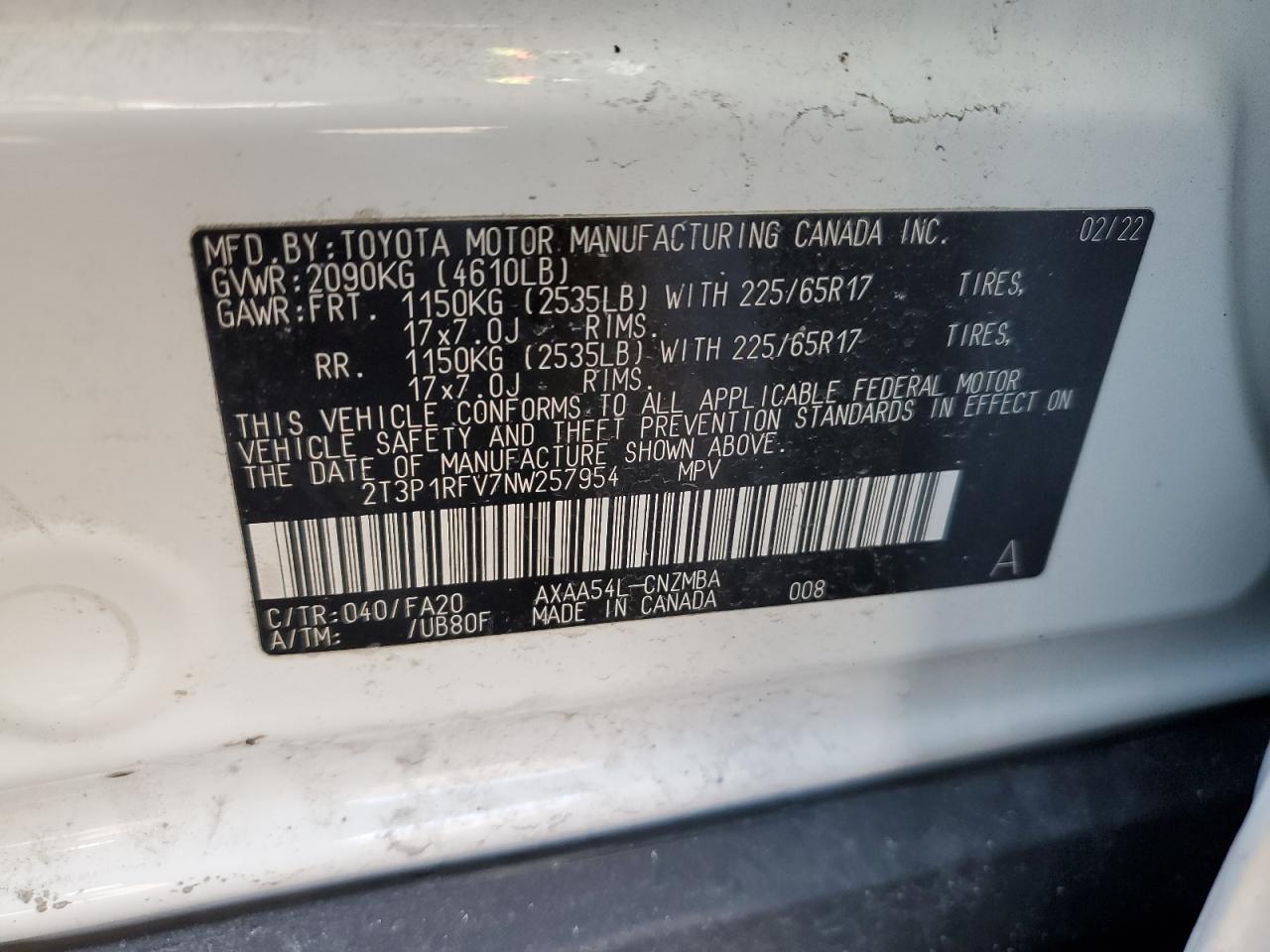 2022 TOYOTA RAV4 XLE VIN:2T3P1RFV7NW257954