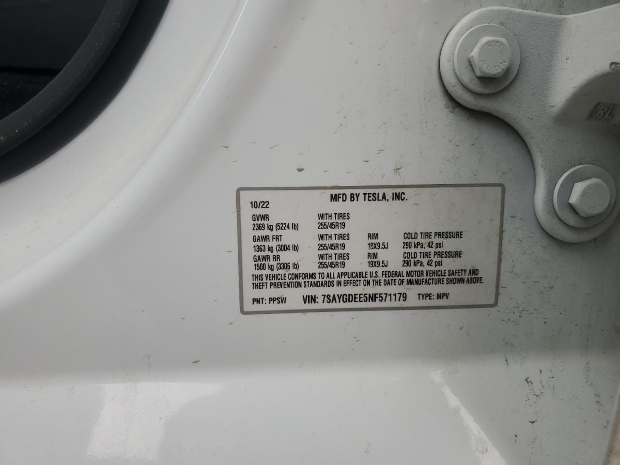 2022 TESLA MODEL Y VIN:7SAYGDEE5NF571179