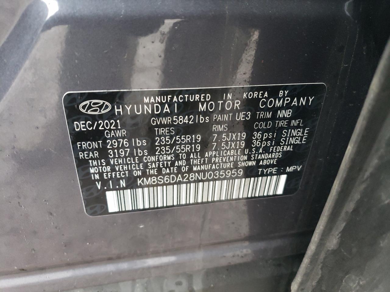 2022 HYUNDAI SANTA FE SEL VIN:KM8S6DA28NU035959