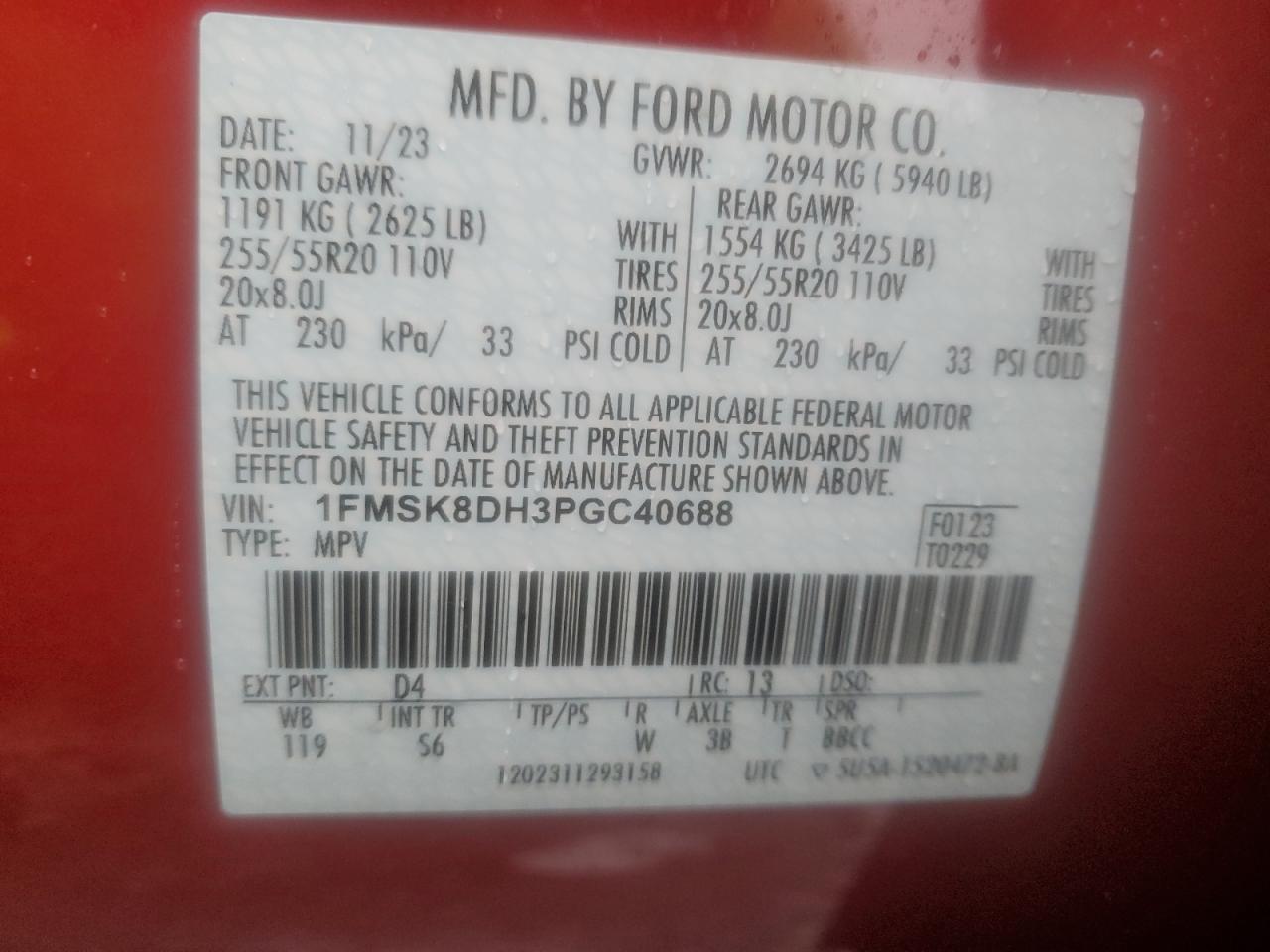 2023 FORD EXPLORER XLT VIN:1FMSK8DH3PGC40688