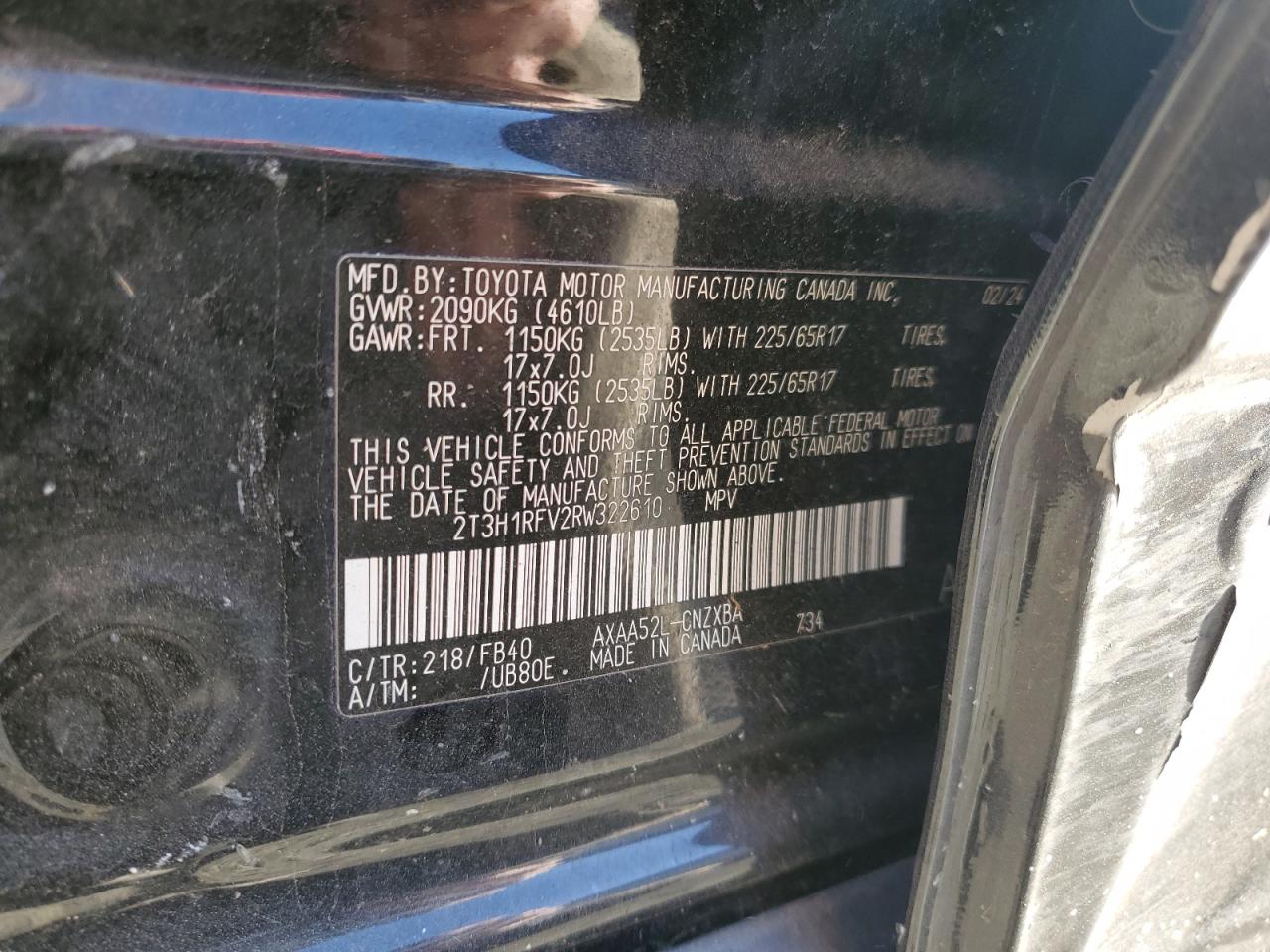 2024 TOYOTA RAV4 LE VIN:2T3H1RFV2RW322610