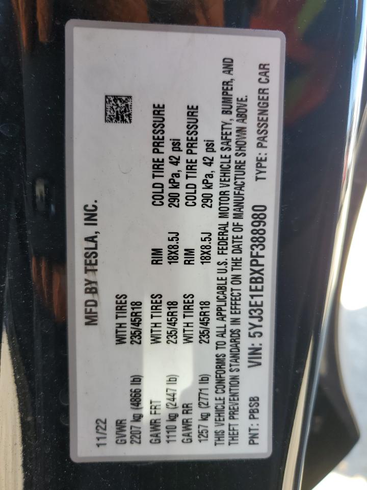 2023 TESLA MODEL 3 VIN:5YJ3E1EBXPF388980