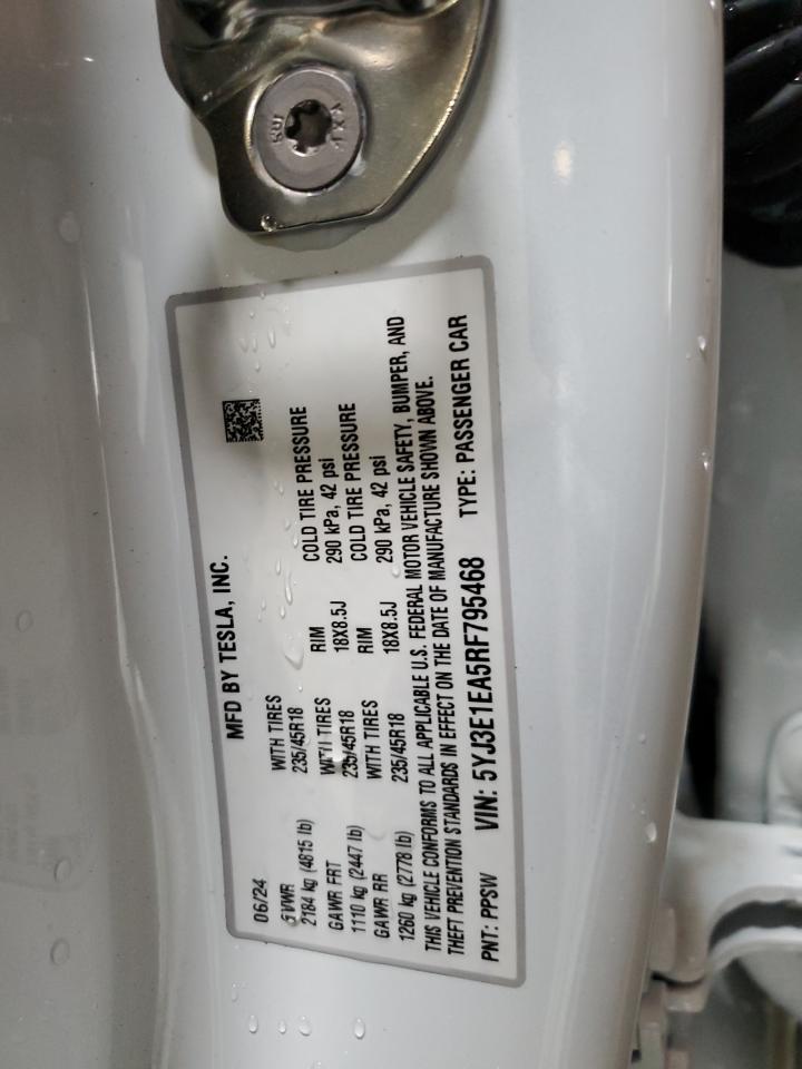 2024 TESLA MODEL 3 VIN:5YJ3E1EA5RF795468