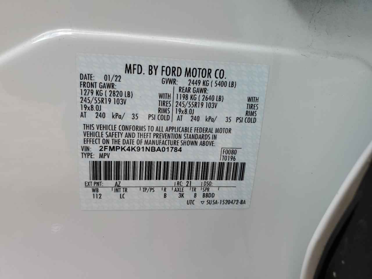 2022 FORD EDGE TITANIUM VIN:2FMPK4K91NBA01784