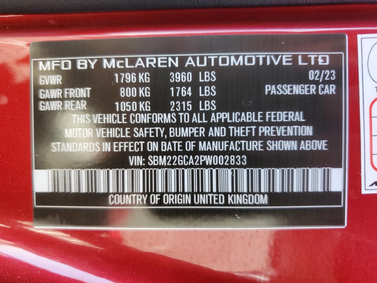 2023 MCLAREN AUTOMOTIVE GT VIN:SBM22GCA2PW002833