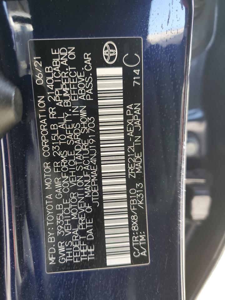 2022 TOYOTA COROLLA LE VIN:JTDEPMAE4NJ191703