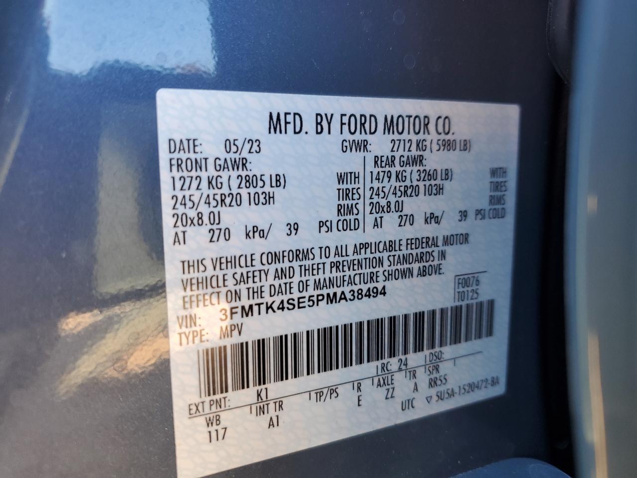 2023 FORD MUSTANG MACH-E GT VIN:3FMTK4SE5PMA38494