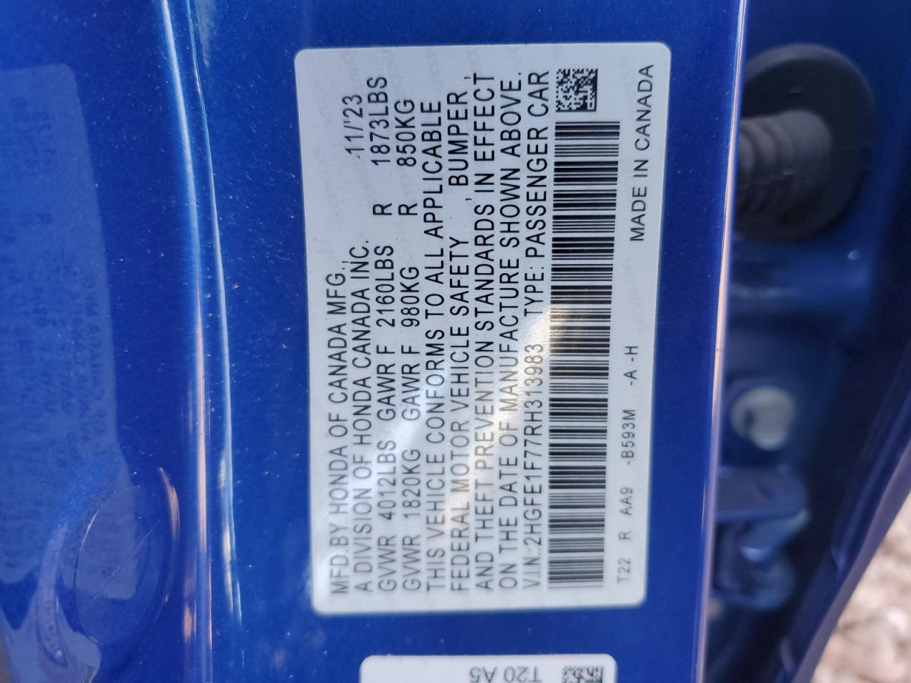 2024 HONDA CIVIC EX VIN:2HGFE1F77RH313983