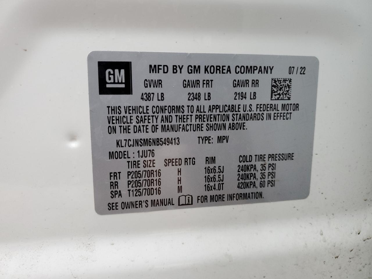 2022 CHEVROLET TRAX LS VIN:KL7CJNSM6NB549413