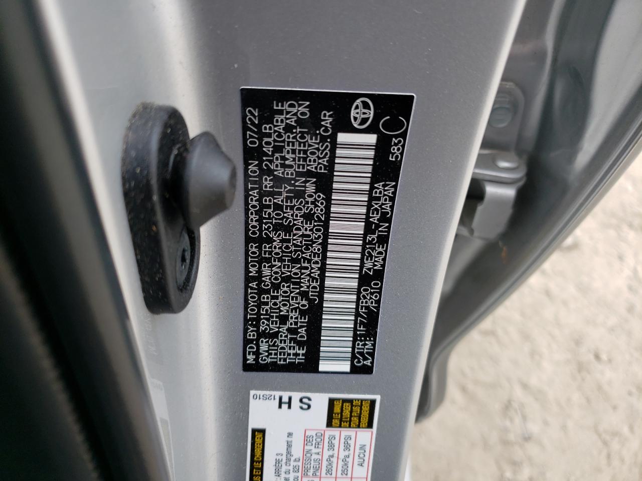 2022 TOYOTA COROLLA LE VIN:JTDEAMDE8N3012869