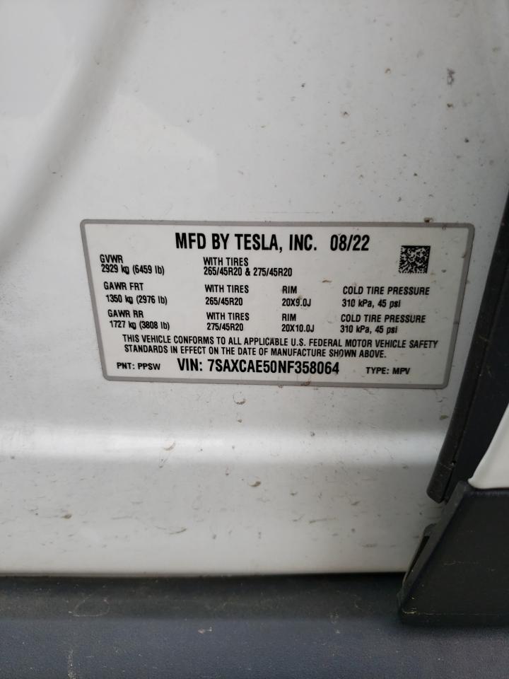 2022 TESLA MODEL X VIN:7SAXCAE50NF358064