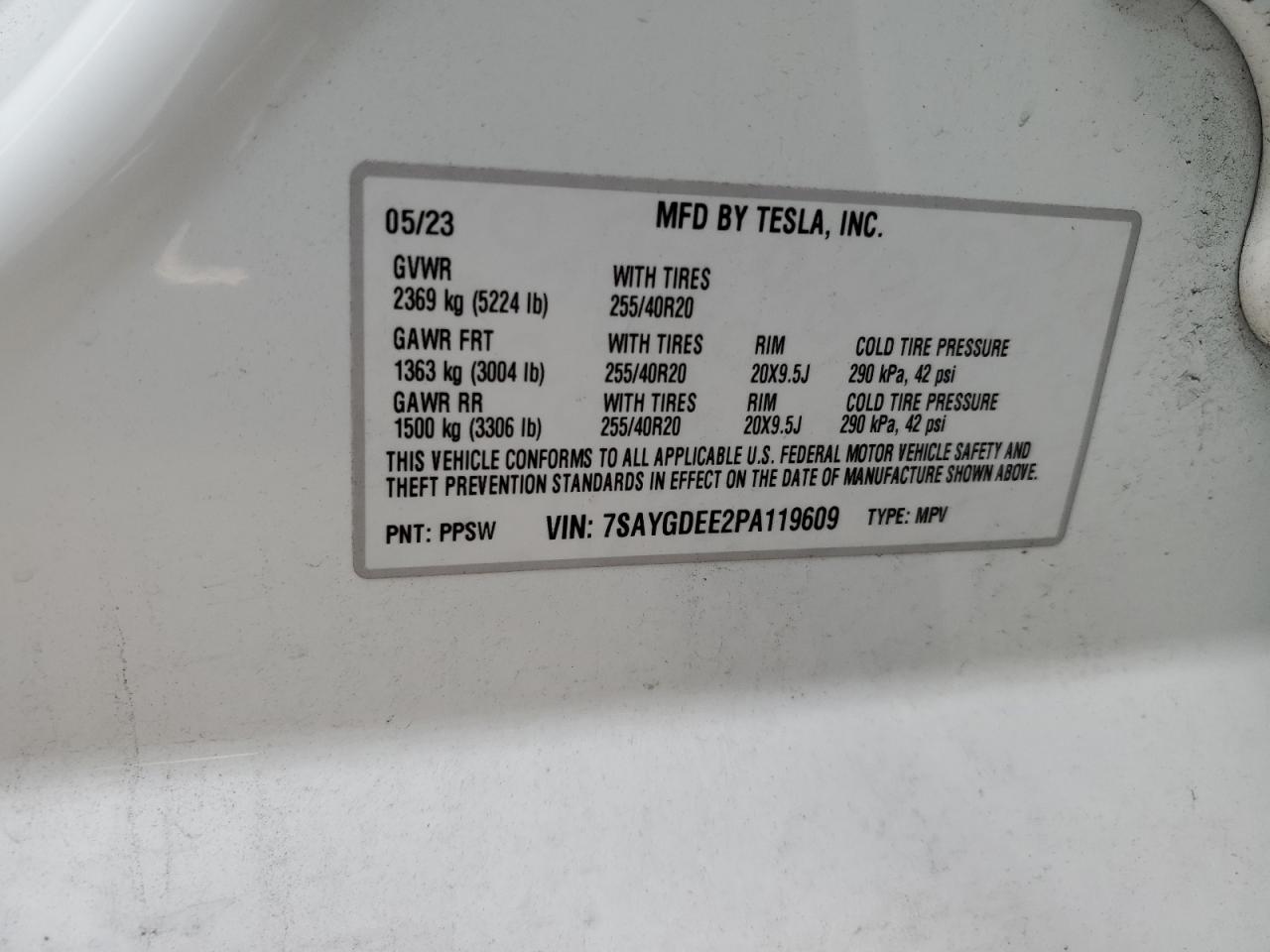 2023 TESLA MODEL Y VIN:7SAYGDEE2PA119609
