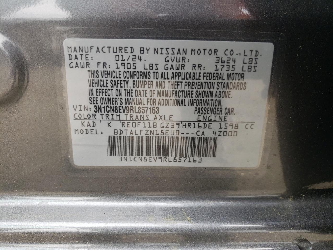 2024 NISSAN VERSA SV VIN:3N1CN8EV9RL857163