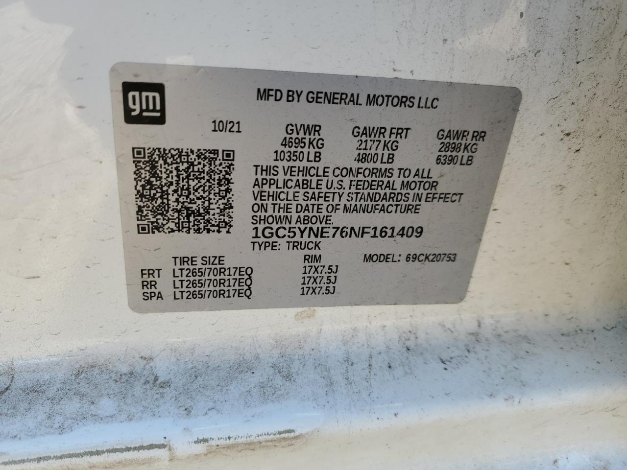 2022 CHEVROLET SILVERADO K2500 HEAVY DUTY LT VIN:1GC5YNE76NF161409