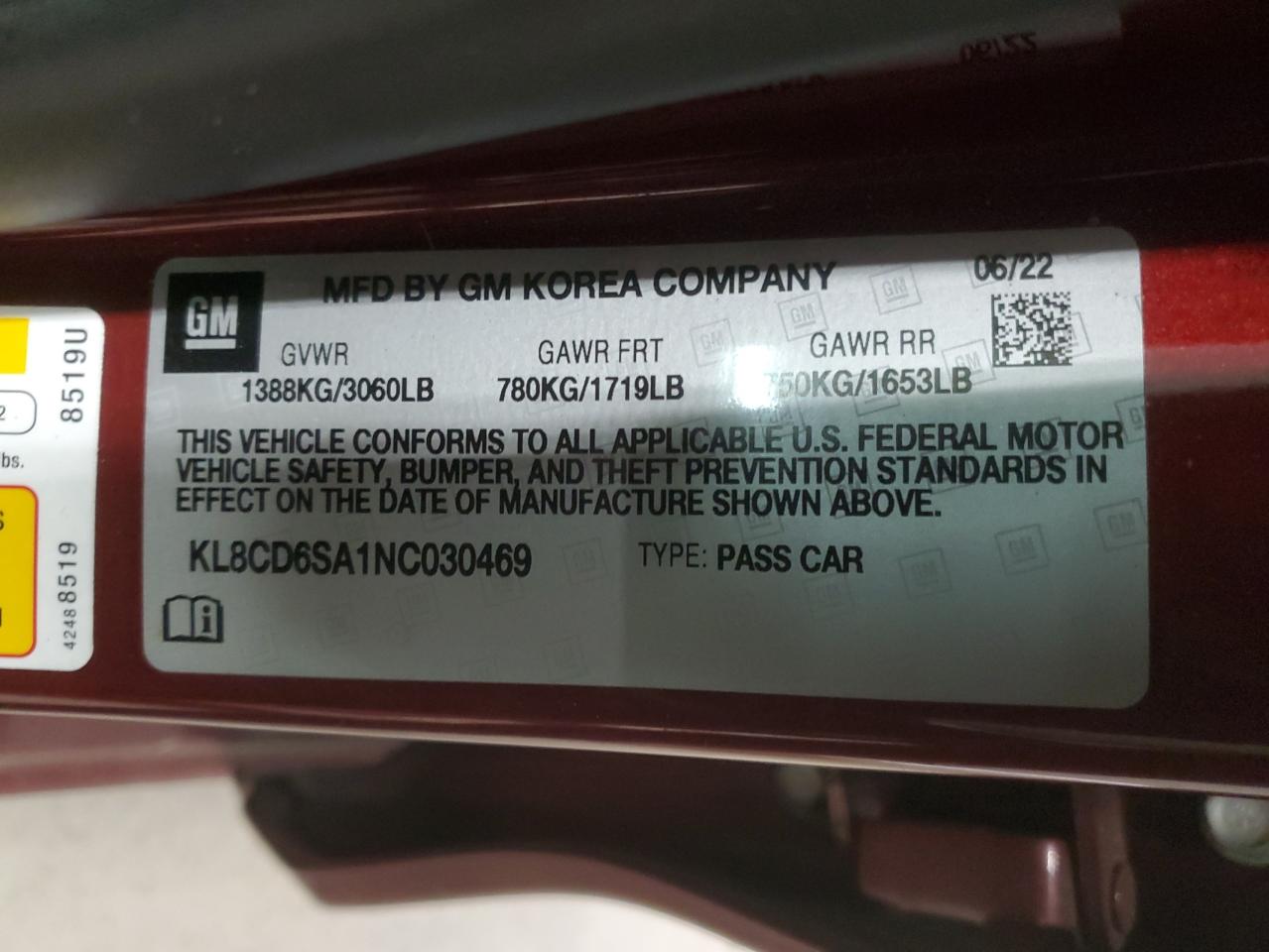 2022 CHEVROLET SPARK 1LT VIN:KL8CD6SA1NC030469