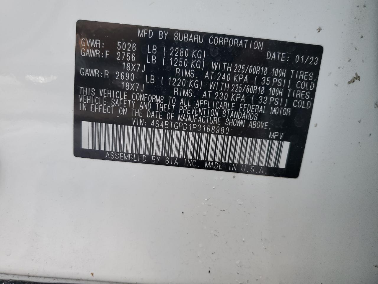 2023 SUBARU OUTBACK TOURING VIN:4S4BTGPD1P3168980